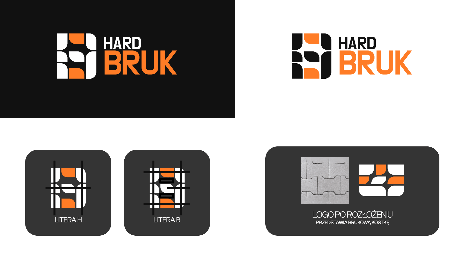 Konstrukcja logo Hard Bruk: wersje kolorystyczne, siatka liter H i B oraz znak rozłożony na moduły